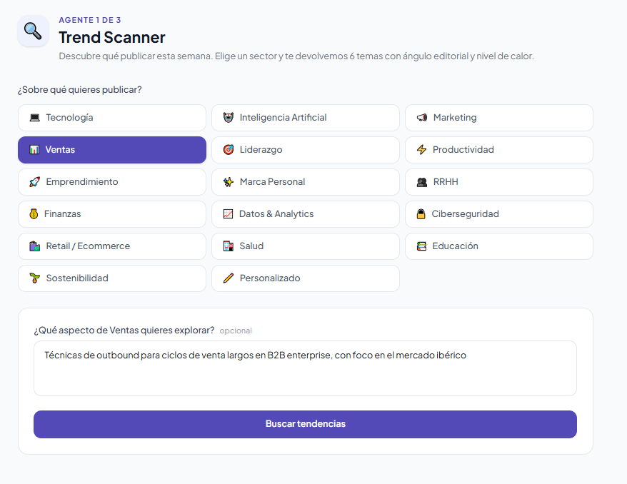 Pantalla de carga del agente Trend Scanner analizando el sector de Inteligencia Artificial
