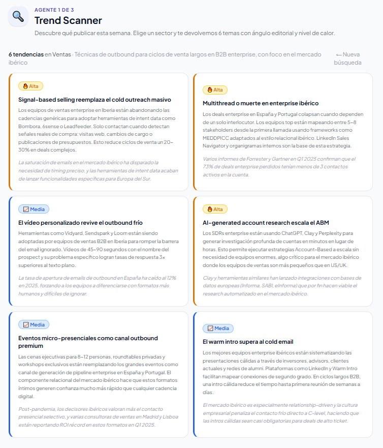 Pantalla de resultados con 6 tarjetas de tendencias ordenadas de mayor a menor calor